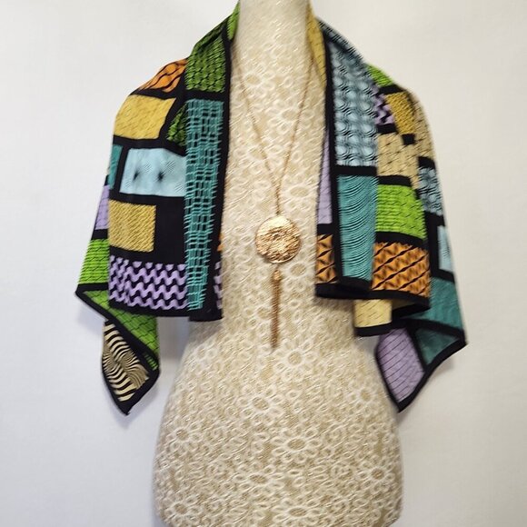 Vintage Escada Multi-Color Patchwork Quilt Black Background Silk Scarf Luxury - Picture 6 of 13